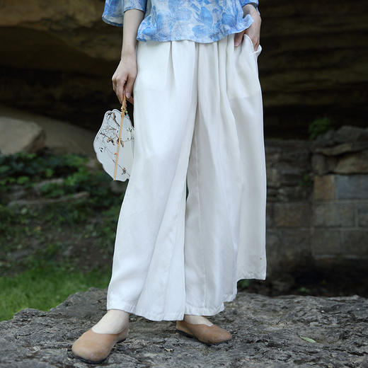 国风禅意茶服宽松休闲铜氨丝阔腿裤P-16188 。 商品图1