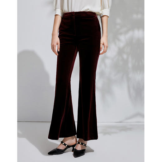 EITIE爱特爱春季新款时尚通勤复古洋气中腰丝绒喇叭长裤女裤6305010 商品图8