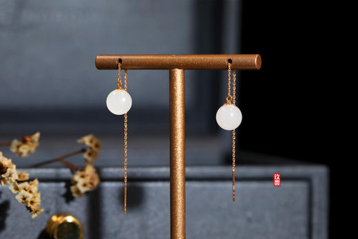 18k玫瑰金和田玉（白玉）玉珠耳线-初遇 8mm/总长70mm 商品图4
