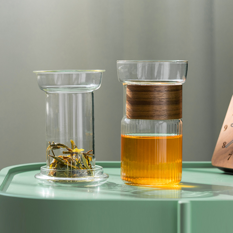 哲品 萃取·融单人玻璃茶具功夫泡茶杯茶水分离曲木握垫
