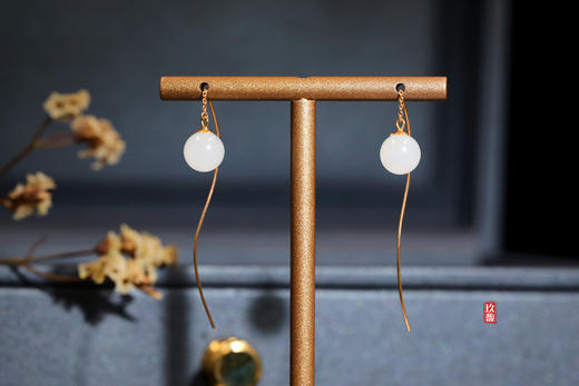 18k玫瑰金和田玉（白玉）玉珠S耳线-初遇 商品图2