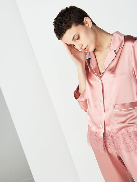 SANGLUO桑罗INS睡衣蕾丝拼接长袖套装简约女家居服 商品图6