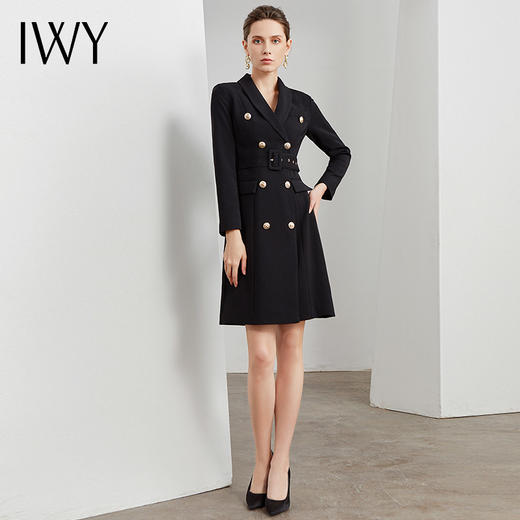 IWY/商务通勤式黑色连衣裙女双排扣腰带收腰高端韩版OL职业装Q501 商品图0