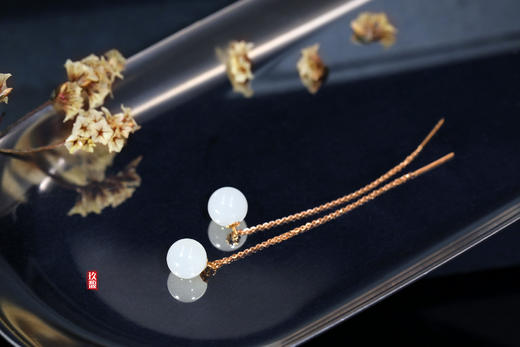 18k玫瑰金和田玉（白玉）玉珠耳线-初遇 8mm/总长70mm 商品图5
