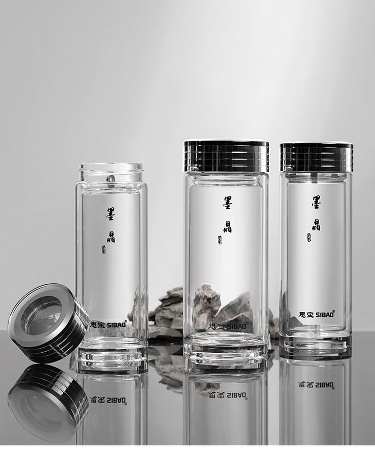 思宝墨晶双层玻璃杯商务办公带茶隔礼盒装车载透明水杯