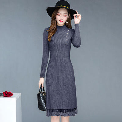 QYM-DH06 长袖针织连衣裙女2021新款配大衣长款过膝半高领打底蕾丝毛衣裙 商品图1