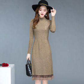QYM-DH06 长袖针织连衣裙女2021新款配大衣长款过膝半高领打底蕾丝毛衣裙