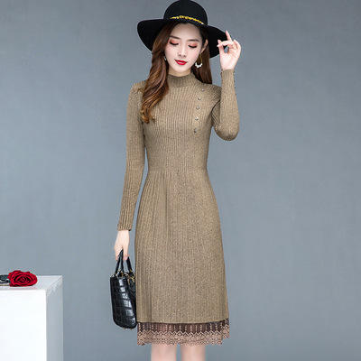 QYM-DH06 长袖针织连衣裙女2021新款配大衣长款过膝半高领打底蕾丝毛衣裙 商品图0