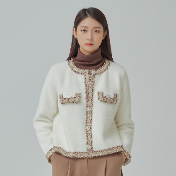 MIXXO韩国宽松款圆翼花呢纽扣开衫淑女甜美冬季JPY带授权招加盟代理