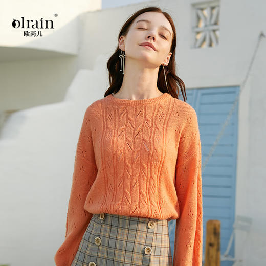 欧芮儿春新款长袖圆领慵懒风镂空打底针织衫女宽松内搭毛衣 商品图0