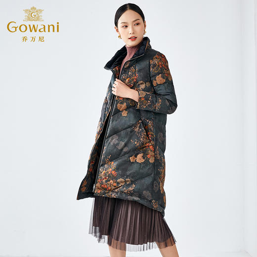 乔万尼新品复古印花优雅国风精致感设计中长款保暖羽绒服ES4T393 商品图1