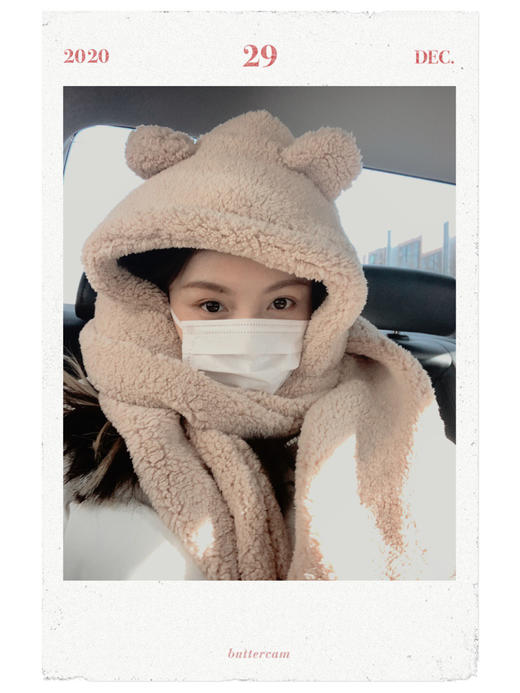 JENNIE同款 小熊帽子围巾 杏色/棕色 冬天超暖和还好看 商品图1