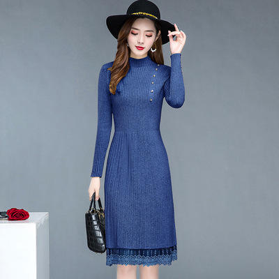 QYM-DH06 长袖针织连衣裙女2021新款配大衣长款过膝半高领打底蕾丝毛衣裙 商品图3