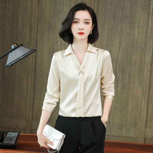 上海旗袍厂ASE-9019 小V领系带气质真丝衬衫 商品图1