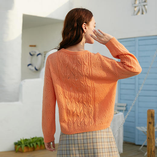 欧芮儿春新款长袖圆领慵懒风镂空打底针织衫女宽松内搭毛衣 商品图1