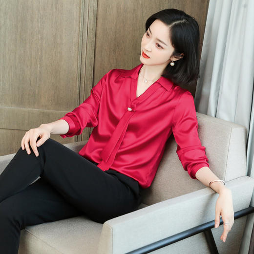 上海旗袍厂ASE-9019 小V领系带气质真丝衬衫 商品图2