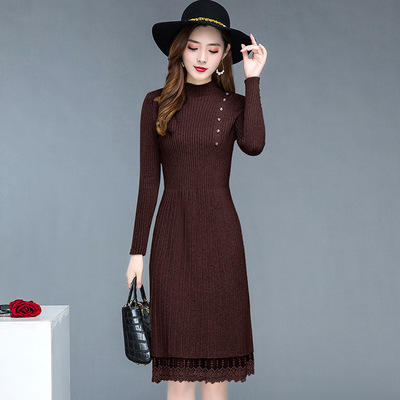 QYM-DH06 长袖针织连衣裙女2021新款配大衣长款过膝半高领打底蕾丝毛衣裙 商品图2