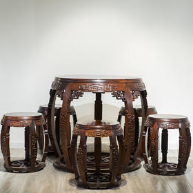 清代  红木夔龙纹鼓形桌凳成套（一桌五凳）