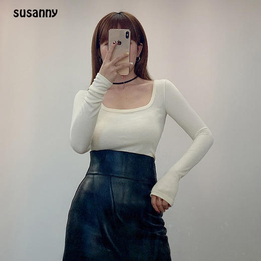 Susanny 美雅碧铜氨纤维坑条打底衫 方领/圆领 M/L码 商品图4