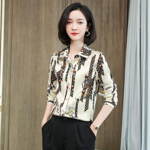 上海旗袍厂ASE-9072方领单排扣印花气质真丝衬衫 商品图0