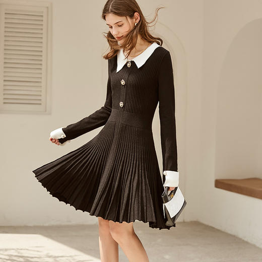 欧芮儿连衣裙女冬季收腰显瘦黑白拼接褶皱裙摆名媛风裙子 商品图2