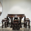 清代  红木雕龙纹双拼大圆桌及三弯腿五足圆凳成套（一桌六凳） 商品缩略图0
