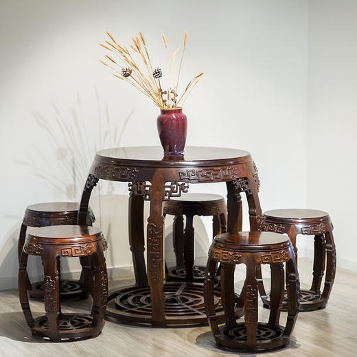 清代  红木夔龙纹鼓形桌凳成套（一桌五凳） 商品图4