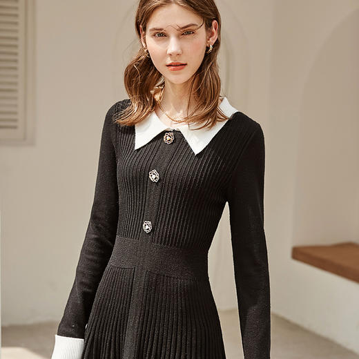 欧芮儿连衣裙女冬季收腰显瘦黑白拼接褶皱裙摆名媛风裙子 商品图0