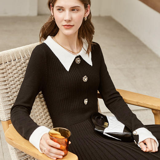 欧芮儿连衣裙女冬季收腰显瘦黑白拼接褶皱裙摆名媛风裙子 商品图1