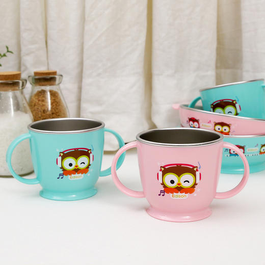 韩国爱迪生Edison猫头鹰防滑儿童水杯不锈钢 双柄宝宝水杯带盖240ml 商品图0