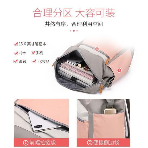 第九城V.NINE 双肩包女士防泼水旅行背包大容量15.6英寸电脑包校园情侣高中大学生上课简约书包男 粉配灰 商品图3