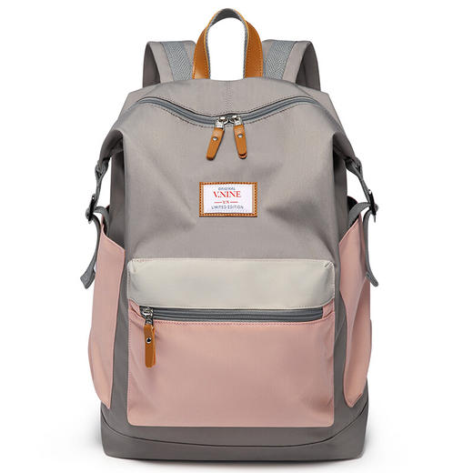第九城V.NINE 双肩包女士防泼水旅行背包大容量15.6英寸电脑包校园情侣高中大学生上课简约书包男 粉配灰 商品图5
