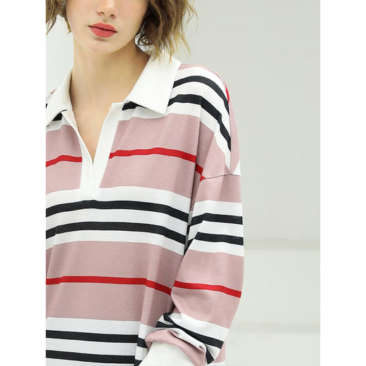 COCOBELLA撞色条纹POLO领针织连衣裙宽松长袖T恤裙FR11 商品图2