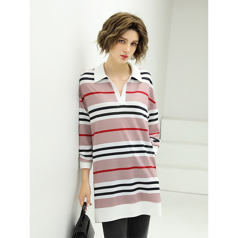 COCOBELLA撞色条纹POLO领针织连衣裙宽松长袖T恤裙FR11