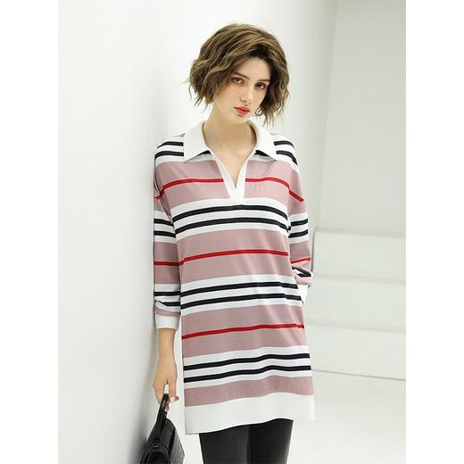 COCOBELLA撞色条纹POLO领针织连衣裙宽松长袖T恤裙FR11 商品图0