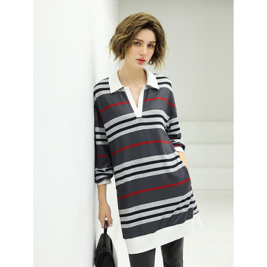 COCOBELLA撞色条纹POLO领针织连衣裙宽松长袖T恤裙FR11 商品图4