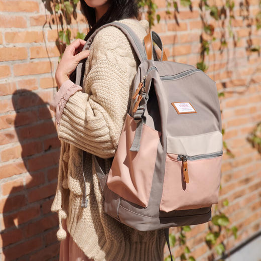 第九城V.NINE 双肩包女士防泼水旅行背包大容量15.6英寸电脑包校园情侣高中大学生上课简约书包男 粉配灰 商品图0