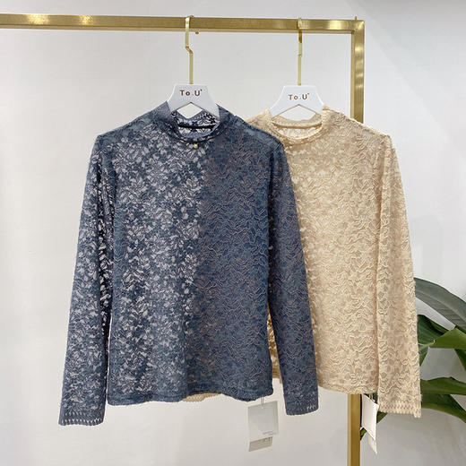 丁摩  钉珠打底蕾丝衫上衣韩版修身立领百搭小衫Q121035-DB99 商品图1