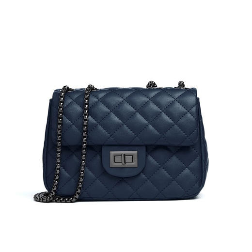 薇妮(Viney)牛皮时尚女包小香风单肩包菱格链条ck风小包潮流斜挎女士包包(深蓝色) 商品图1