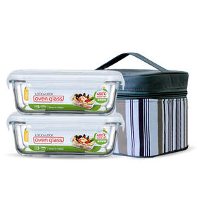 乐扣乐扣 耐热玻璃饭盒 大号微波炉专用加热保鲜盒套装 大容量密封碗带盖食品餐盒便当盒子附保温袋 750ML*2
