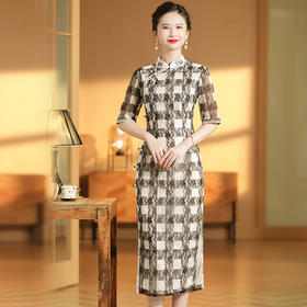 上海旗袍厂AYK-QF-201008-7蕾丝格子时尚改良旗袍连衣裙2021早春国潮女装修身五分袖长款旗袍