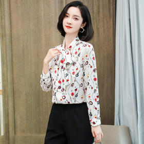 上海旗袍厂ASE-9089系带印花真丝衬衫
