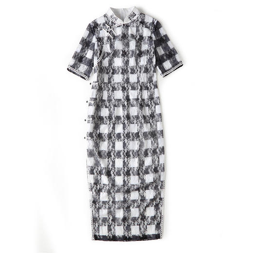 上海旗袍厂AYK-QF-201008-7蕾丝格子时尚改良旗袍连衣裙2021早春国潮女装修身五分袖长款旗袍 商品图4