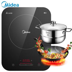 美的（Midea）电磁炉 恒匀火不间断加热 匀火188mm大线圈盘 滑控 微晶面板 C22-WH2237（赠汤蒸锅+渗氮炒锅）