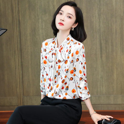 上海旗袍厂ASE-9089系带印花真丝衬衫 商品图1