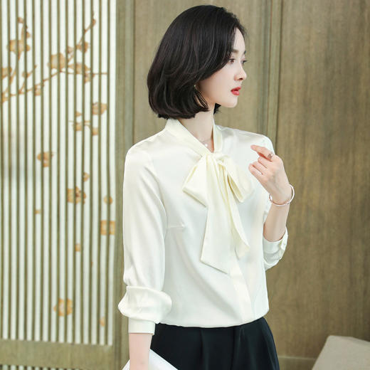 上海旗袍厂ASE-6620纯色系带职场单排扣真丝衬衫 商品图1