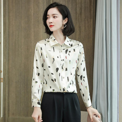 上海旗袍厂ASE-9076印花方领单排扣真丝衬衫 商品图0