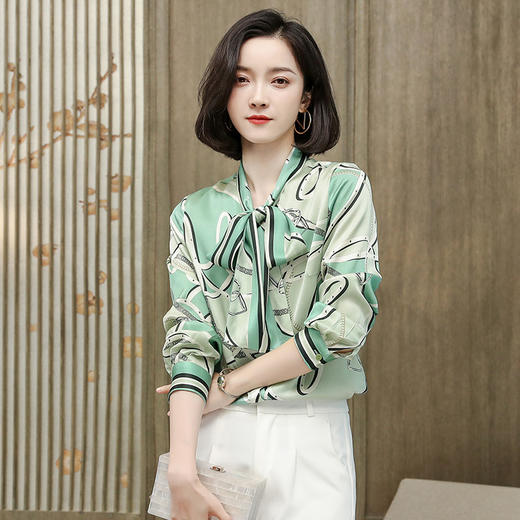 上海旗袍厂ASE-9088印染系带单排扣真丝衬衫 商品图0