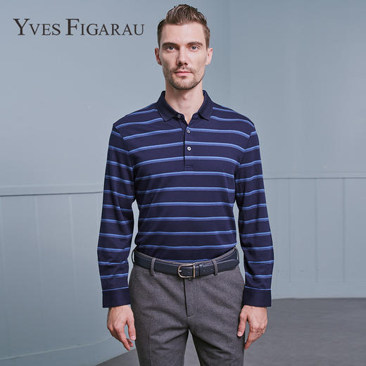 下架-YvesFigarau伊夫·费嘉罗秋冬新款男士条纹舒适商务职场休闲长袖T恤900910 商品图0
