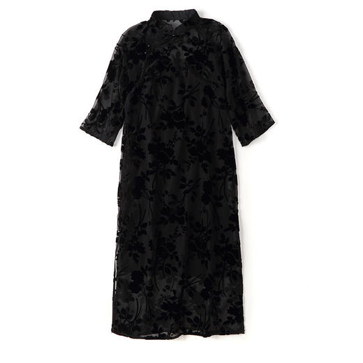 上海旗袍厂AYK-QF-200723-7烧花改良立领旗旗袍裙修身七分袖中长款a字裙旗袍 商品图4